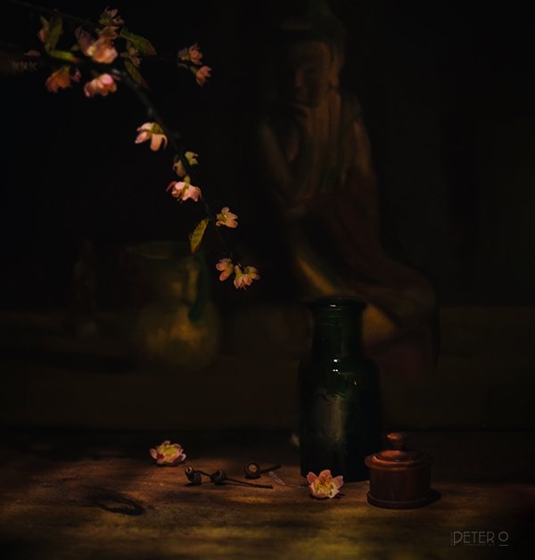 Still life setup with one of my paintings as a backdrop